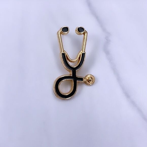 Jewelry - Black Stethoscope in Gold Enamel Pin/ Brooch